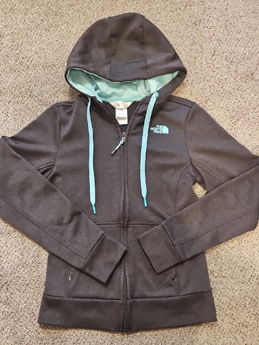 The North Face Dark Charcoal Zip Up Hoodie with Teal Accents Women's XS